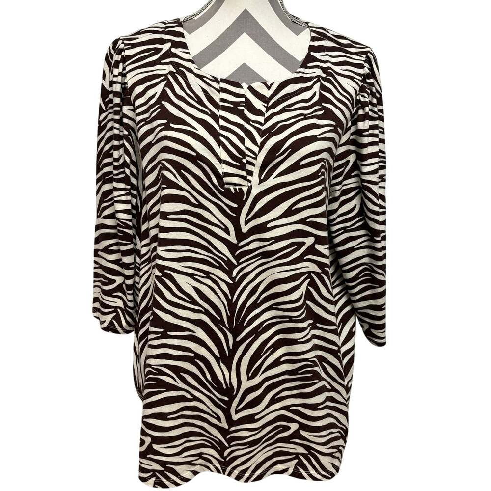 J. Jill Zebra Print Knit Tunic Top Womens Size 2X Brown Cream 3/4 Sleeve Cotton